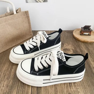 Women Fashion Casual Breathable Round-Toe Lace-Up Thick-Soled Platform Sneakers