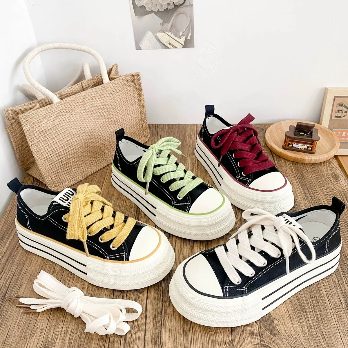 Women Fashion Casual Breathable Round-Toe Lace-Up Thick-Soled Platform Sneakers
