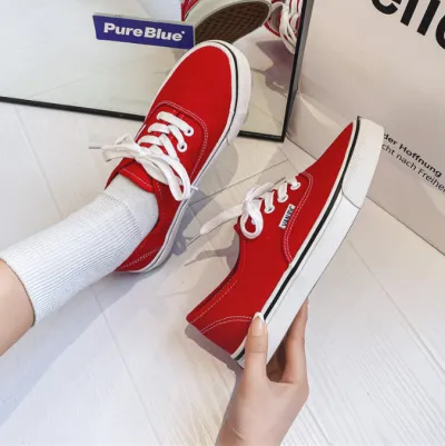 Women Fashion Casual Solid Color Round-Toe Lace-Up Flat Low-Top Canvas Sneakers