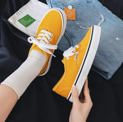 Women Fashion Casual Solid Color Round-Toe Lace-Up Flat Low-Top Canvas Sneakers