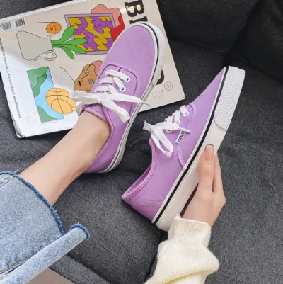 Women Fashion Casual Solid Color Round-Toe Lace-Up Flat Low-Top Canvas Sneakers