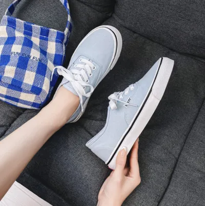 Women Fashion Casual Solid Color Round-Toe Lace-Up Flat Low-Top Canvas Sneakers