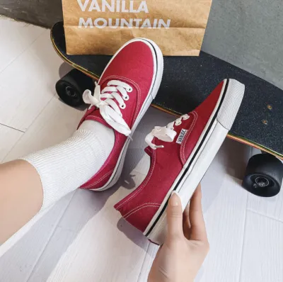 Women Fashion Casual Solid Color Round-Toe Lace-Up Flat Low-Top Canvas Sneakers