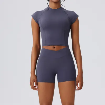 Women Fashion Casual Solid Color Quick-Drying Short-Sleeve T-Shrt Tight Shorts Yoga Sports Two-Piece Set