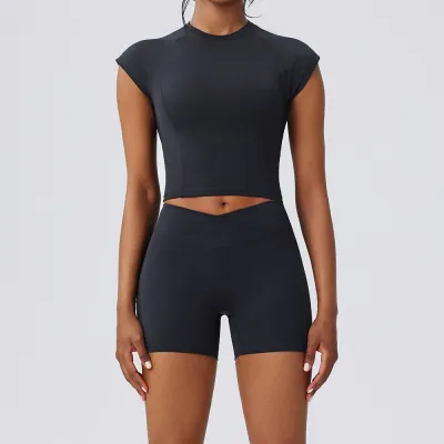 Women Fashion Casual Solid Color Quick-Drying Short-Sleeve T-Shrt Tight Shorts Yoga Sports Two-Piece Set