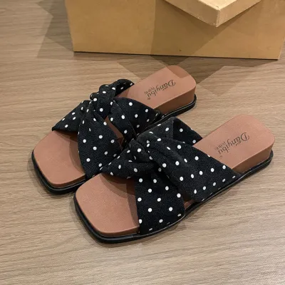 Women's Fashion Elegant Polka Dot Print Square-Toe Platform Beach Slippers