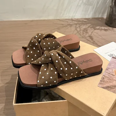 Women's Fashion Elegant Polka Dot Print Square-Toe Platform Beach Slippers