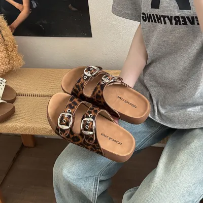 Women Fashion Casual Leopard Polka Dot Print Platform Slip-On Beach Slippers