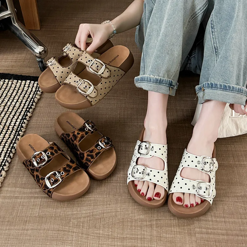 Women Fashion Casual Leopard Polka Dot Print Platform Slip-On Beach Slippers