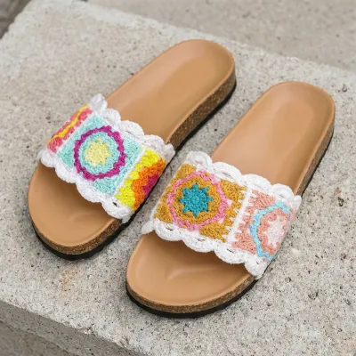 Women Fashion Boho Woven Peep Toe Thick Sole Beach Slippers Plus Size