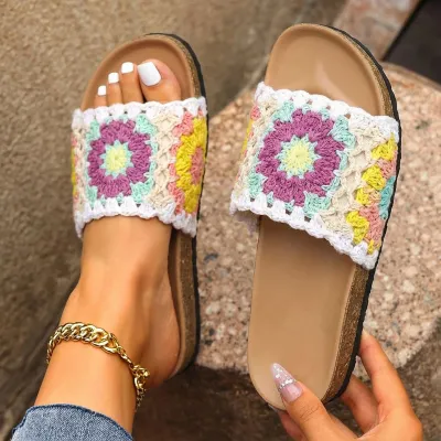 Women Fashion Boho Woven Peep Toe Thick Sole Beach Slippers Plus Size