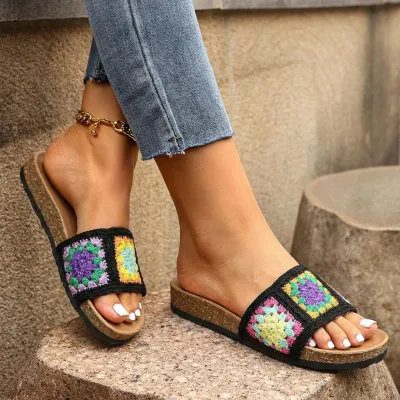 Women Fashion Boho Woven Peep Toe Thick Sole Beach Slippers Plus Size