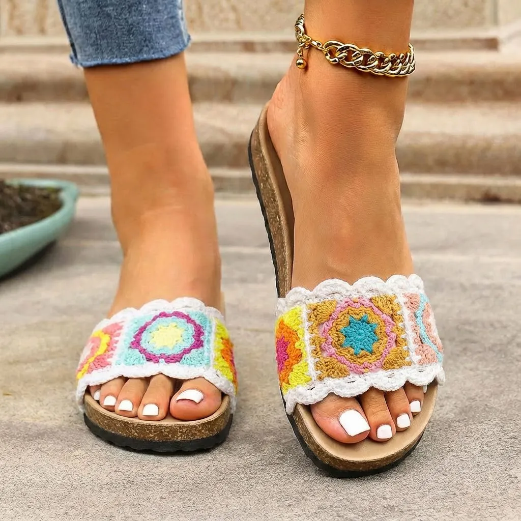 Women Fashion Boho Woven Peep Toe Thick Sole Beach Slippers Plus Size