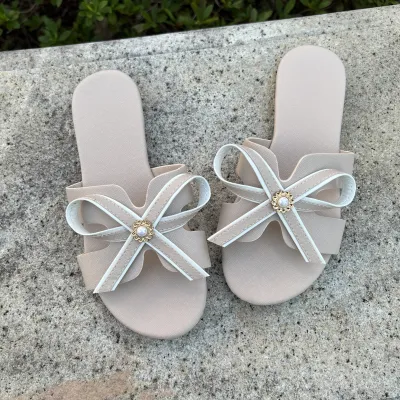 Women Fashion Elegant Solid Color Bowknot Round-Toe Beach Non-Slip Flat Slippers
