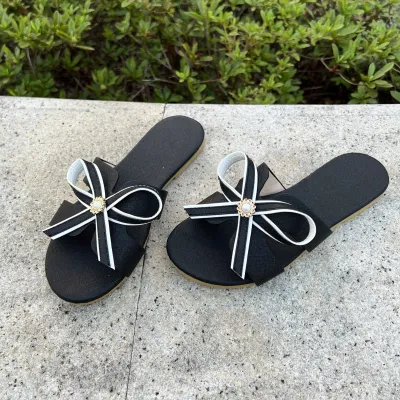 Women Fashion Elegant Solid Color Bowknot Round-Toe Beach Non-Slip Flat Slippers