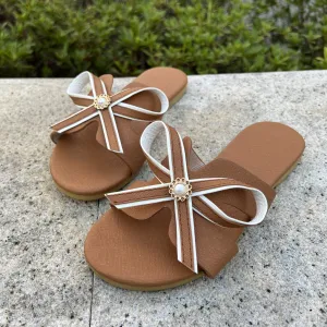 Women Fashion Elegant Solid Color Bowknot Round-Toe Beach Non-Slip Flat Slippers