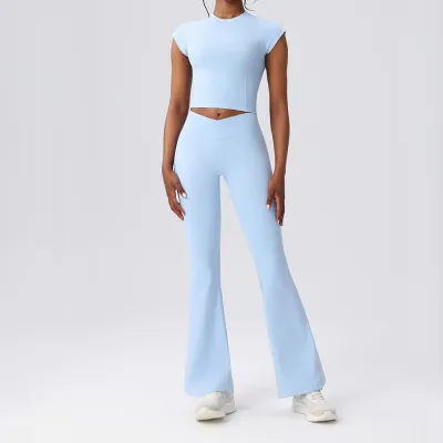 Women Fashion Casual Solid Color Quick-Drying Short-Sleeve T-Shrt Pants Yoga Sports Two-Piece Set