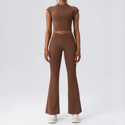 Women Fashion Casual Solid Color Quick-Drying Short-Sleeve T-Shrt Pants Yoga Sports Two-Piece Set