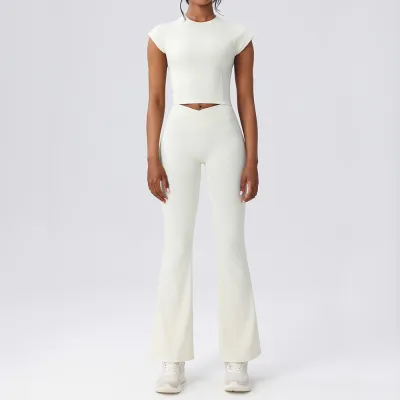 Women Fashion Casual Solid Color Quick-Drying Short-Sleeve T-Shrt Pants Yoga Sports Two-Piece Set