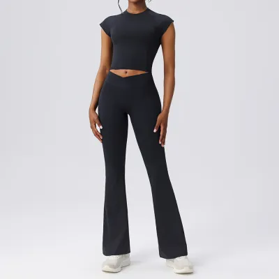 Women Fashion Casual Solid Color Quick-Drying Short-Sleeve T-Shrt Pants Yoga Sports Two-Piece Set
