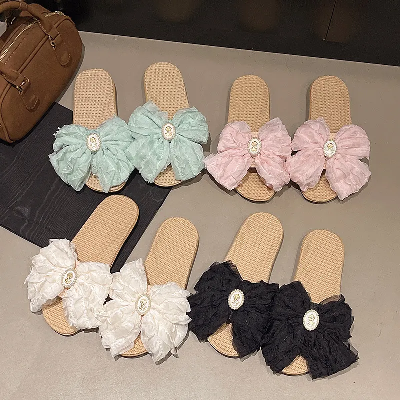 Women's Elegant Solid Color Bowknot Linen Slippers Non-Slip Flat Beach Sandals