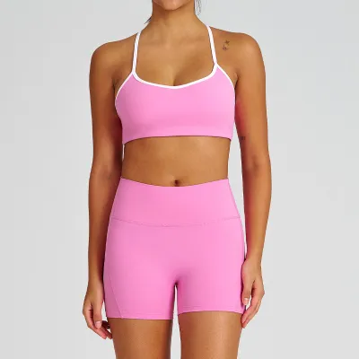 Women Fashion Solid Color Bra High Waist Tight Shorts Yoga Sports Two-Piece Set
