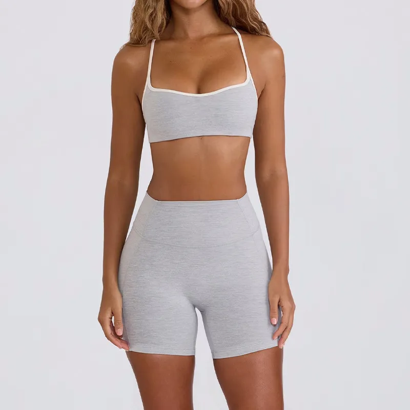 Women Fashion Solid Color Bra High Waist Tight Shorts Yoga Sports Two-Piece Set