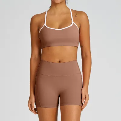Women Fashion Solid Color Bra High Waist Tight Shorts Yoga Sports Two-Piece Set