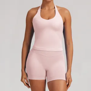 Women Fashion Casual Solid Color Seamless Halter-Neck Tank Top Tight Shorts Yoga Sports Two-Piece Set
