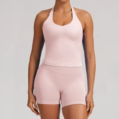 Women Fashion Casual Solid Color Seamless Halter-Neck Tank Top Tight Shorts Yoga Sports Two-Piece Set