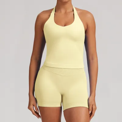 Women Fashion Casual Solid Color Seamless Halter-Neck Tank Top Tight Shorts Yoga Sports Two-Piece Set