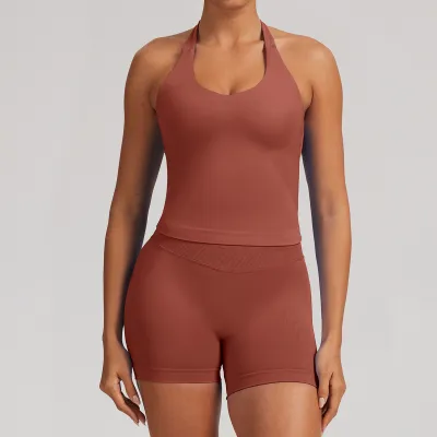 Women Fashion Casual Solid Color Seamless Halter-Neck Tank Top Tight Shorts Yoga Sports Two-Piece Set