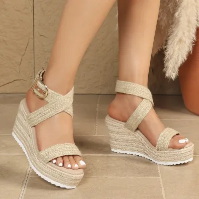Women Fashion Casual Summer Woven Hemp Rope Cross Strap Peep-Toe Wedge Sandals