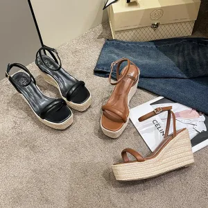 Women's Fashion Square Toe Buckle Strap Woven Platform Sandals