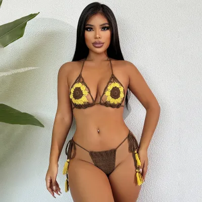 Women Fashion Sexy Beach Vacation Sunflower Crochet Halter-Neck Bikini Swimsuit