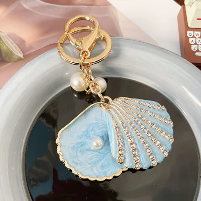 Women Creative Pearl Rhinestone Shell Scallop Oil Dropping Alloy Pendant Keychain