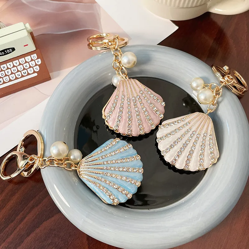 Women Creative Pearl Rhinestone Shell Scallop Oil Dropping Alloy Pendant Keychain