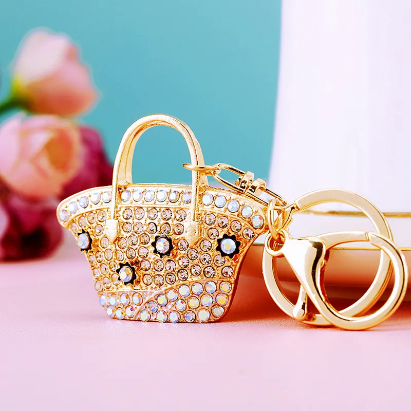 Women Fashion Creative Rhinestone Metal Floral Small Satchel Keychain