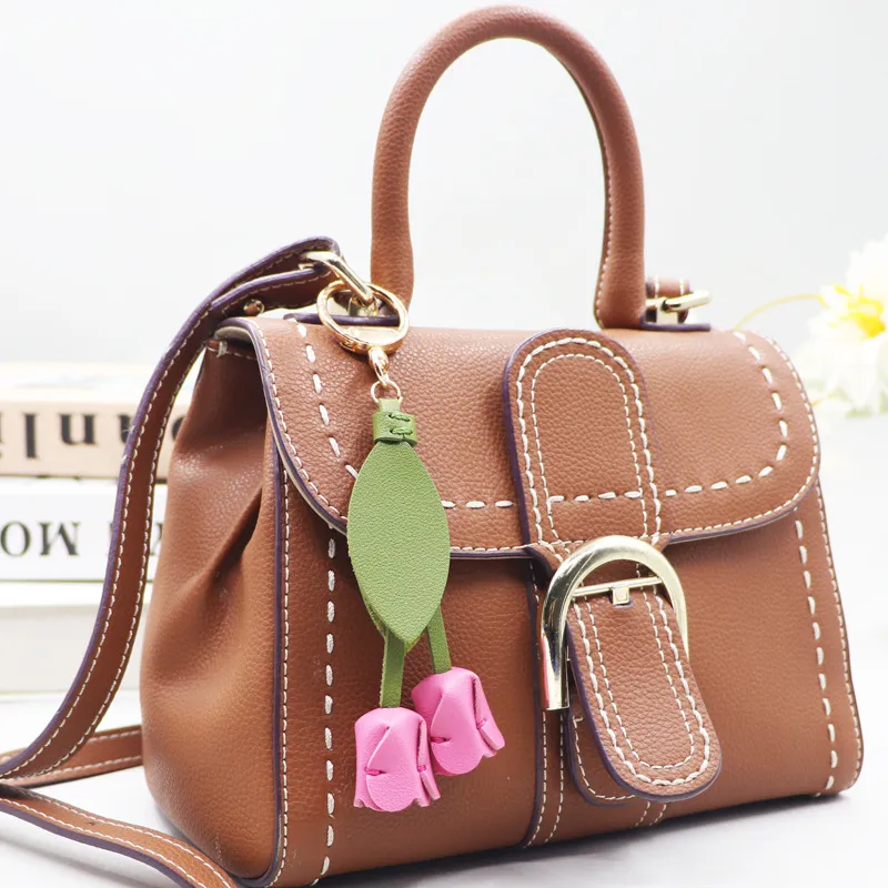 Women's Fashion Creative Tulip Pendant Genuine Leather Keychain