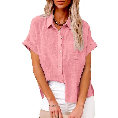 Women Fashion Casual Spring And Summer Solid Color Chiffon Lapel Pocket Button Short Sleeve Blouse