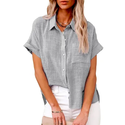Women Fashion Casual Spring And Summer Solid Color Chiffon Lapel Pocket Button Short Sleeve Blouse