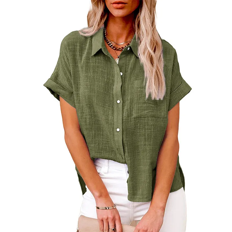 Women Fashion Casual Spring And Summer Solid Color Chiffon Lapel Pocket Button Short Sleeve Blouse