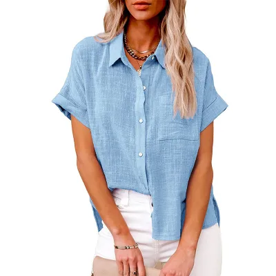 Women Fashion Casual Spring And Summer Solid Color Chiffon Lapel Pocket Button Short Sleeve Blouse