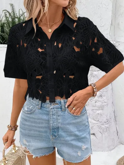 Women Fashion Sexy Solid Color Lace Hollow Out Lapel Short-Sleeve Blouse