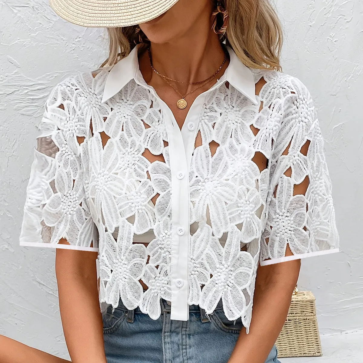 Women Fashion Sexy Solid Color Lace Hollow Out Lapel Short-Sleeve Blouse