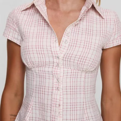 Women Fashion Casual Plaid Double Button Lapel Short-Sleeve Blouse