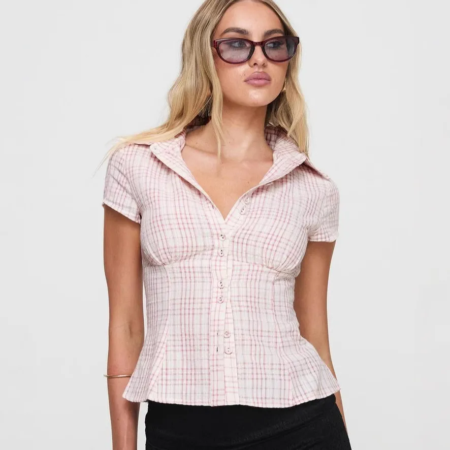 Women Fashion Casual Plaid Double Button Lapel Short-Sleeve Blouse