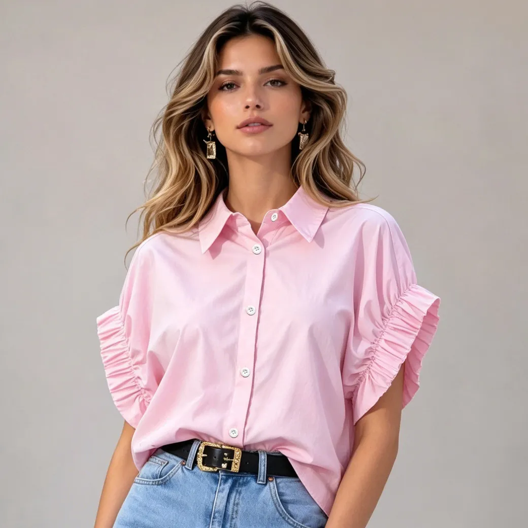 Women Fashion Casual Summer Solid Color Pleated Lapel Flip Sleeve Loose Blouse