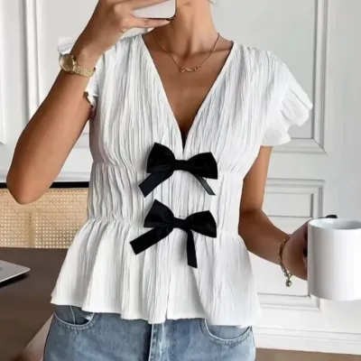 Women Fashion Casual Summer Solid Color Short-Sleeve Bowknot Blouse