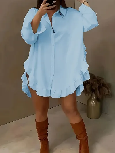 Women Fashion Casual Solid Color Lapel Long-Sleeve Loose Ruffle Hem Loose Blouse